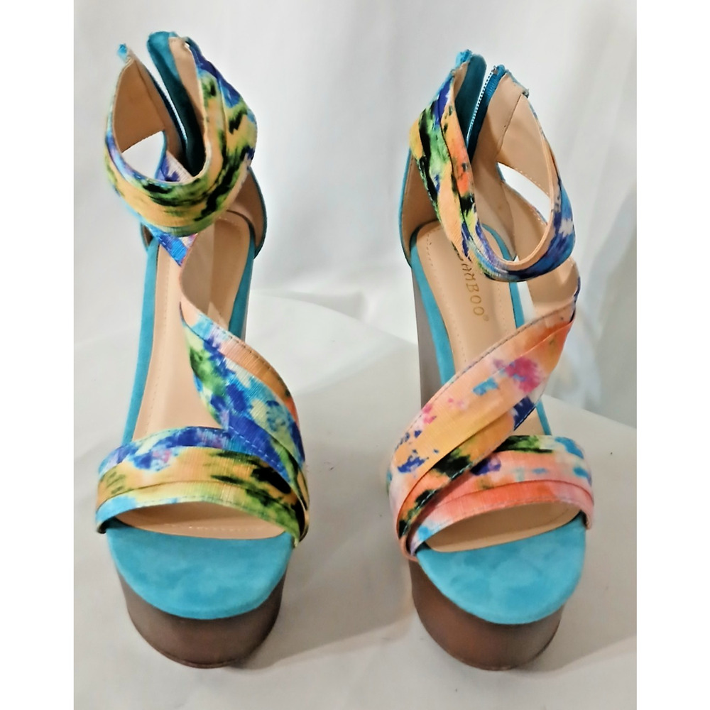 Wedge Platform Heel 4.5" Watercolor Zip Back Wide Ankle Strap Chic Y2K Abstract
